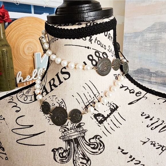 VTG French Republique Francaise Faux Pearl Antique Coin Dangle Statement Neckla - Picture 5 of 15